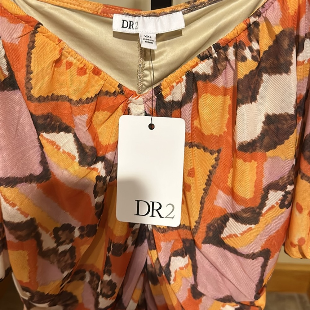 DR2 by Daniel Rainn women’s Puff Sleeve Ruched Mesh Peplum Top - Picture 8 of 11